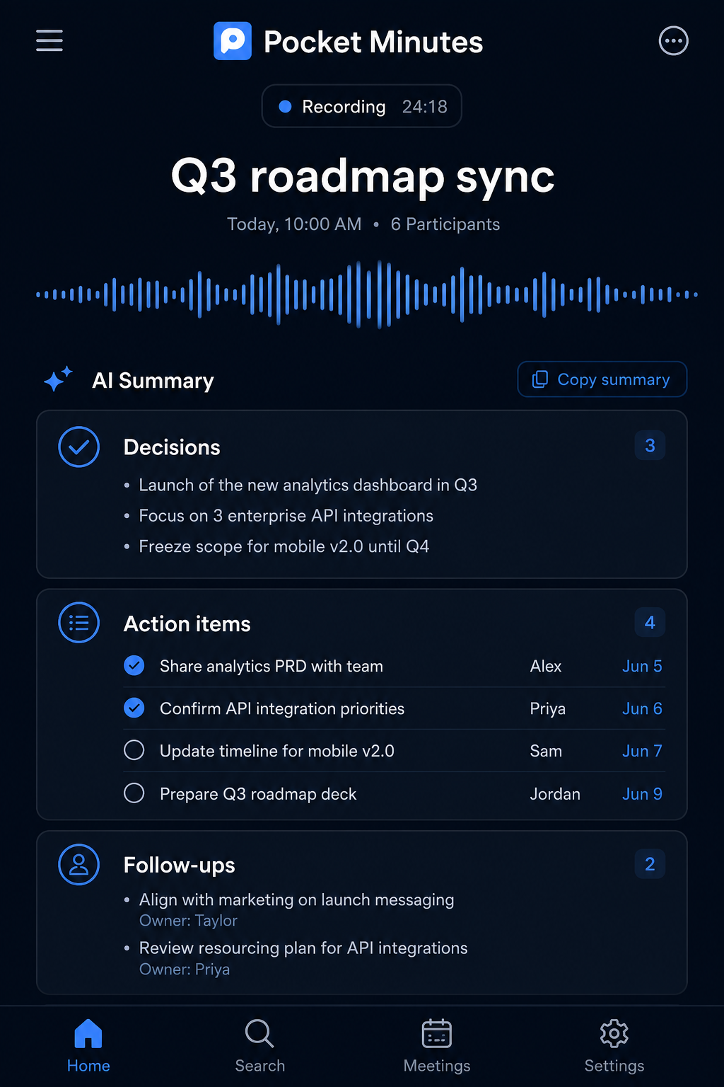 Pocket Minutes app showing AI meeting summary